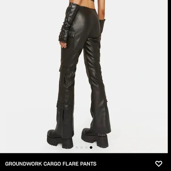 Club Exx Groundwork Cargo Flare Vegan Leather Lace-Up Low Rise Pants DollsKill - Picture 3 of 14